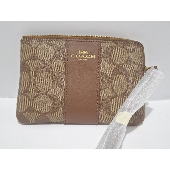 Coach Signature PVC Leather Corner Zip Wristlet Khaki Saddle - Picture 2 of 5